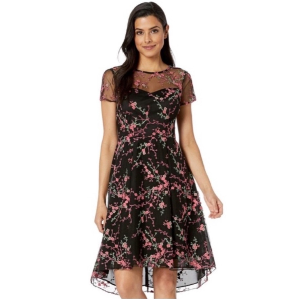 NWT Adrianna Papell Trailing Blossom Black Floral Embroidered Dress